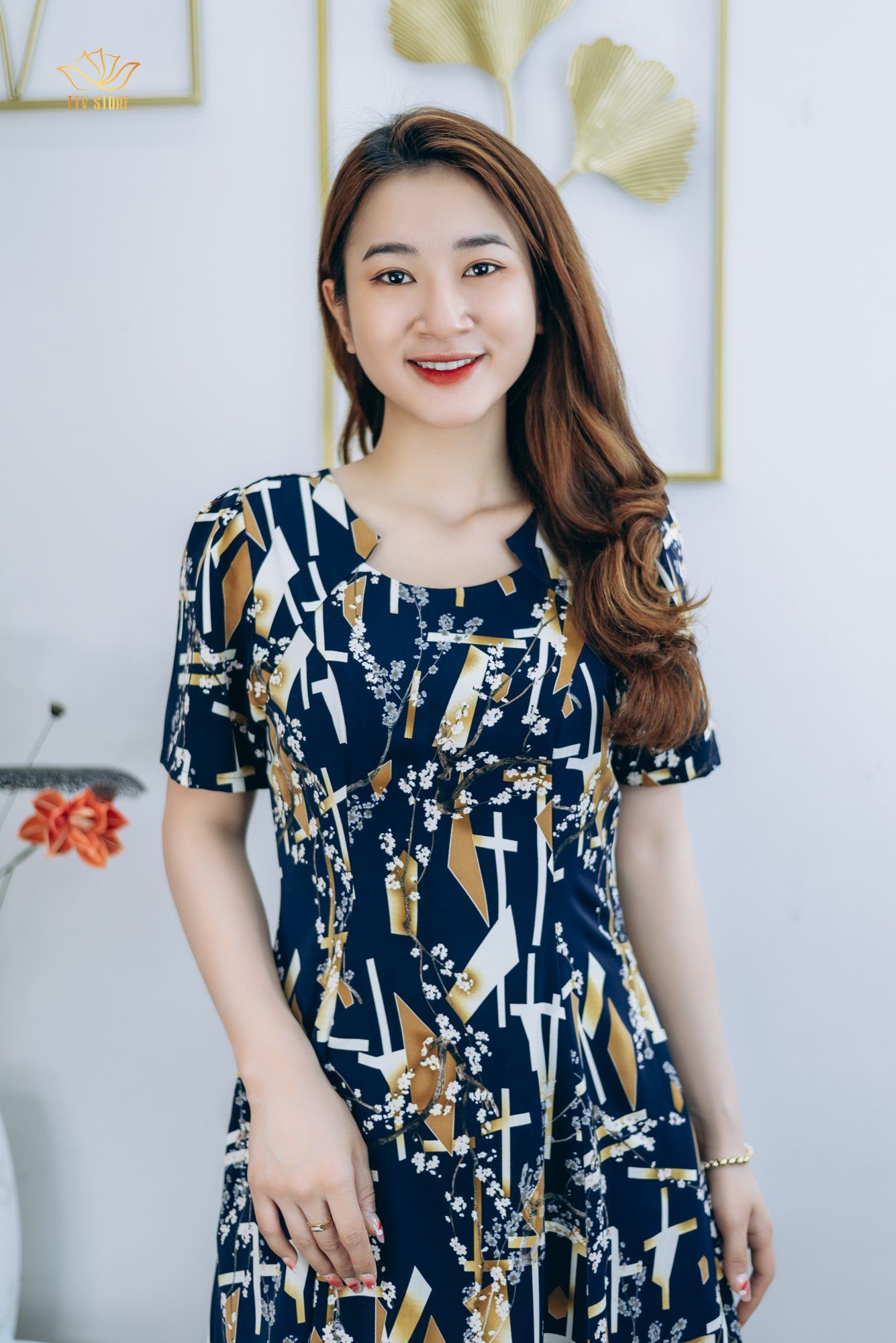 Đầm xòe - Cổ tròn tay ngắn - CV - Xanh họa tiết - TTV1295