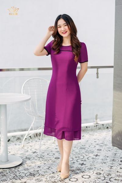 Áo dài cách tân - Cổ tròn phối viền - CD - Tím cẩm - TTV784