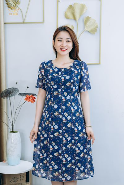 Đầm suông - Cổ tròn tay ngắn - CD - Xanh hoa trắng - TTV1291