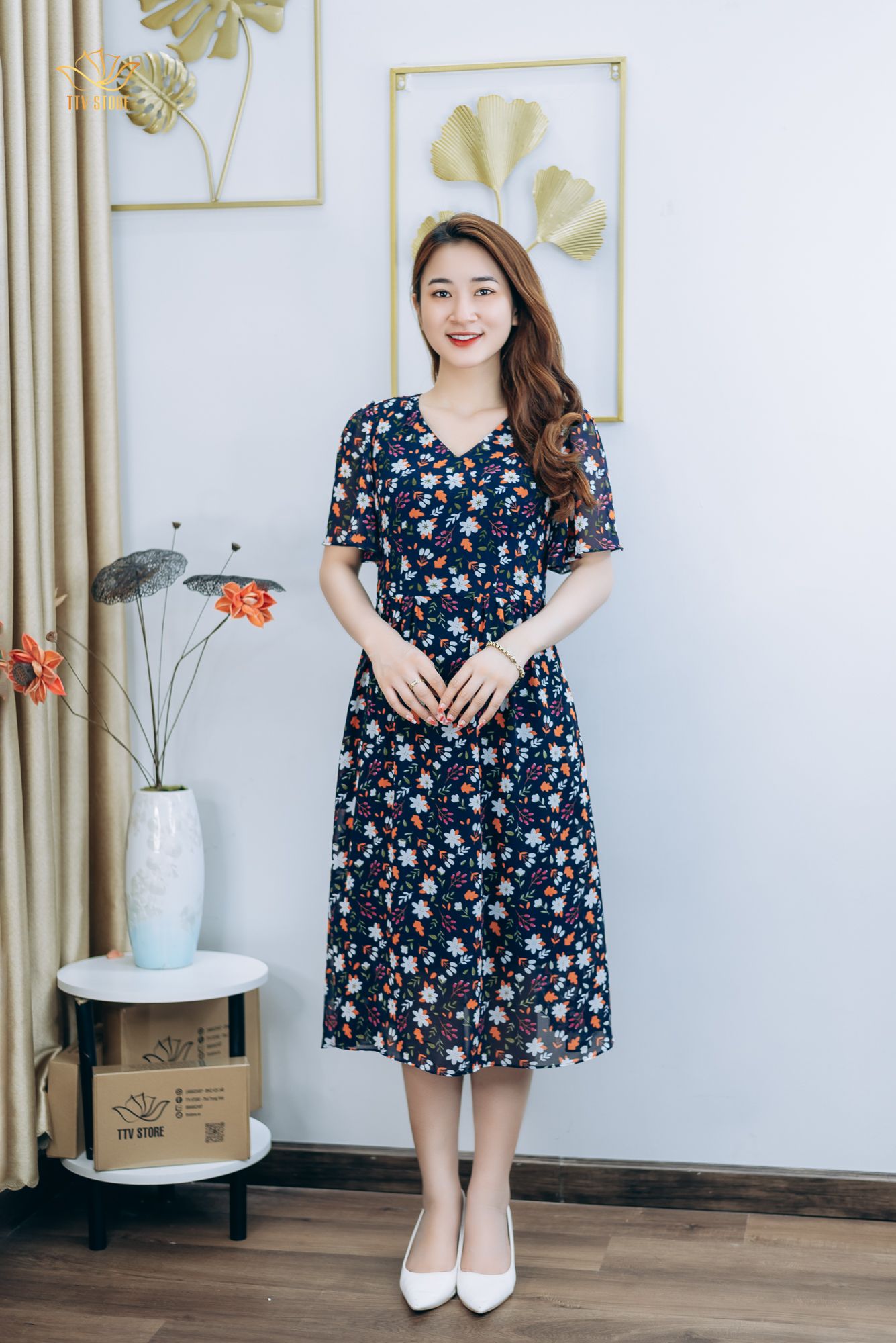 Đầm form A - Cổ tim tay loe - CT - Xanh hoa nhí - TTV1293