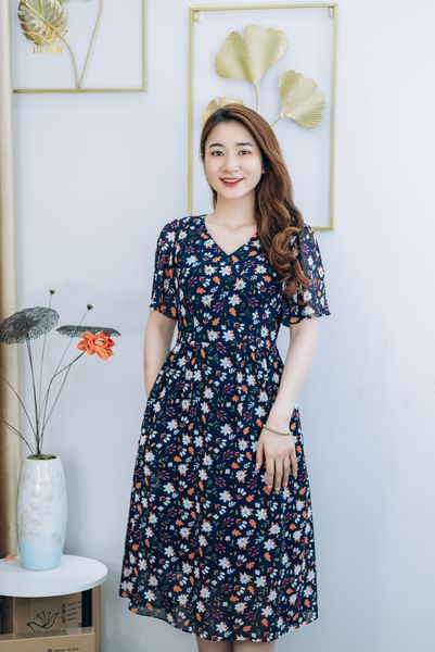 Đầm form A - Cổ tim tay loe - CT - Xanh hoa nhí - TTV1293