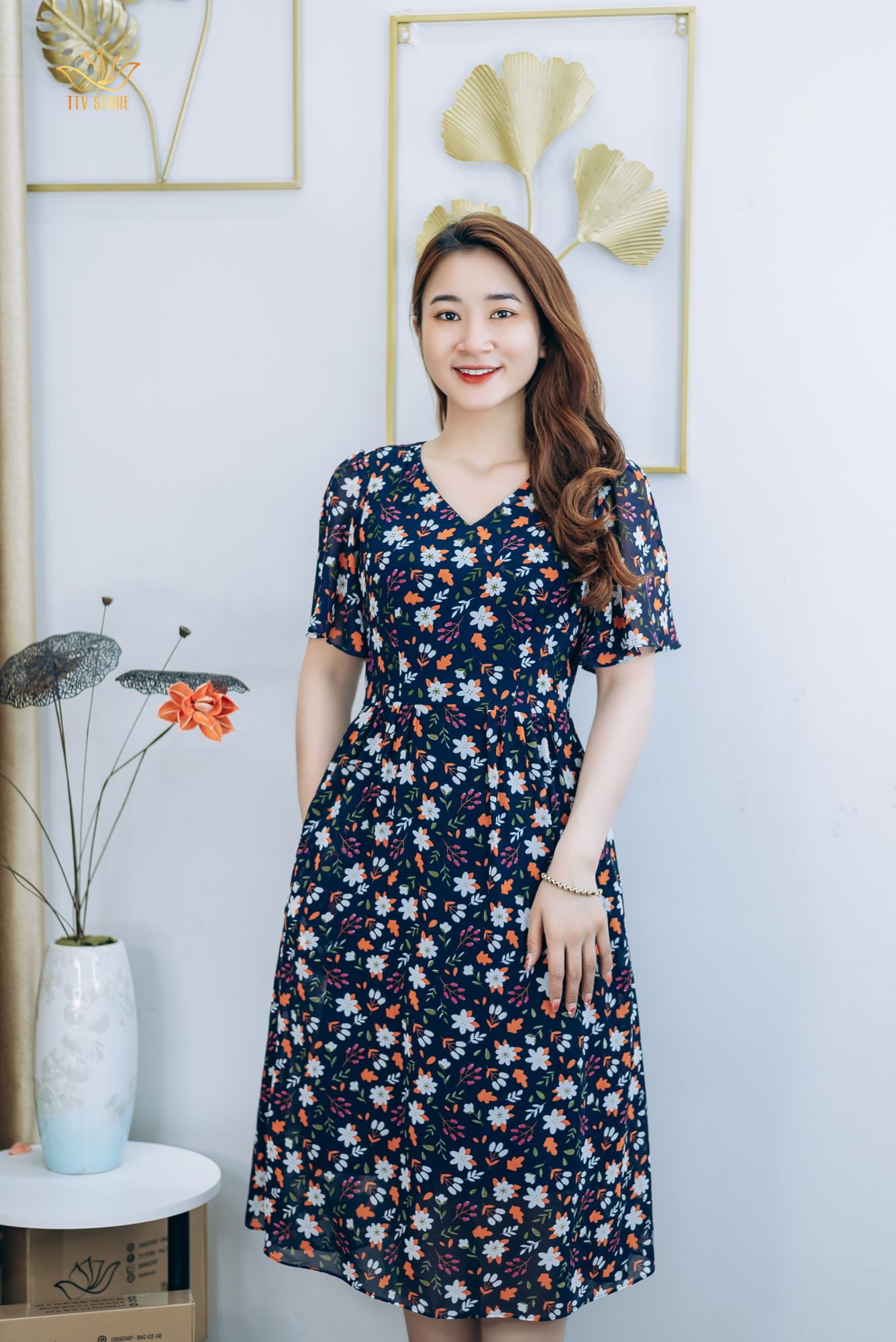 Đầm form A - Cổ tim tay loe - CT - Xanh hoa nhí - TTV1293