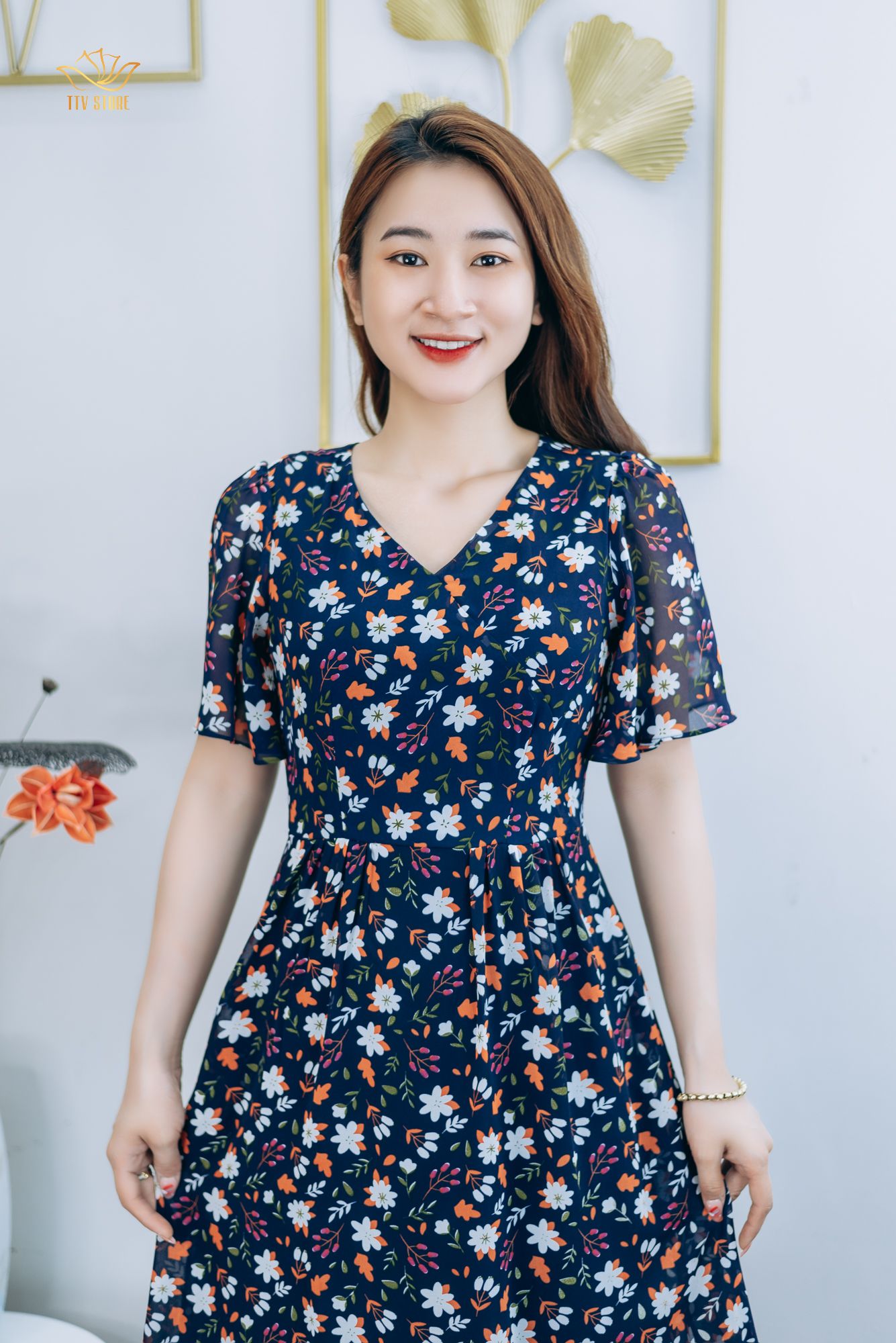 Đầm form A - Cổ tim tay loe - CT - Xanh hoa nhí - TTV1293