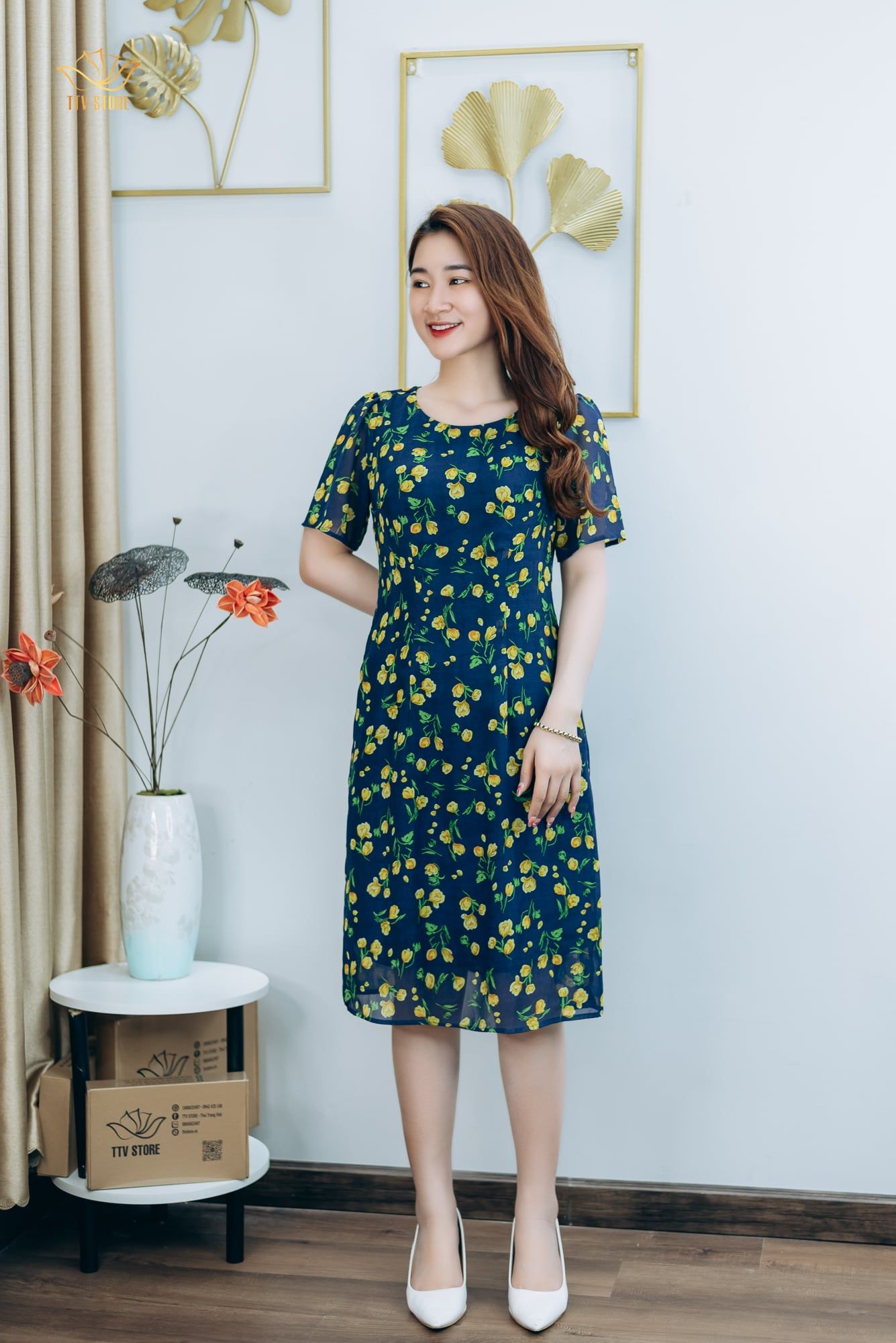 Đầm suông - Cổ tròn tay ngắn - CD - Xanh hoa vàng - TTV1292