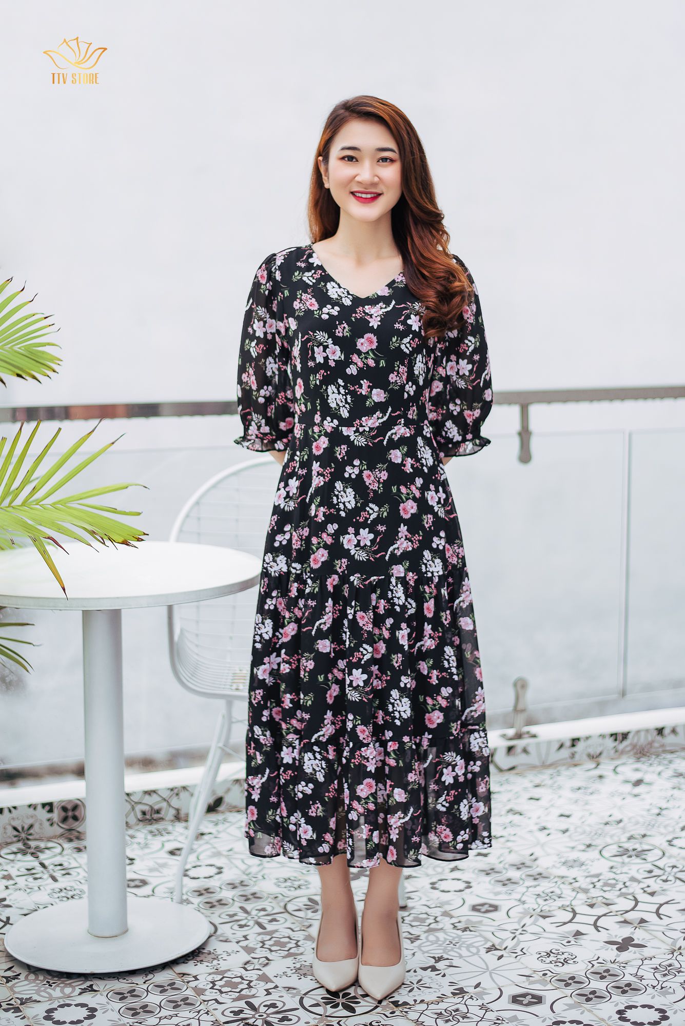Maxi - Cổ tim tay lỡ - CD - Đen hoa hồng - TTV1062 *