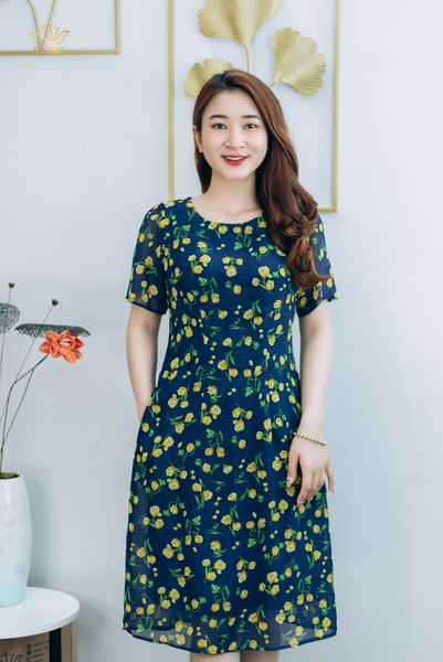 Đầm suông - Cổ tròn tay ngắn - CD - Xanh hoa vàng - TTV1292