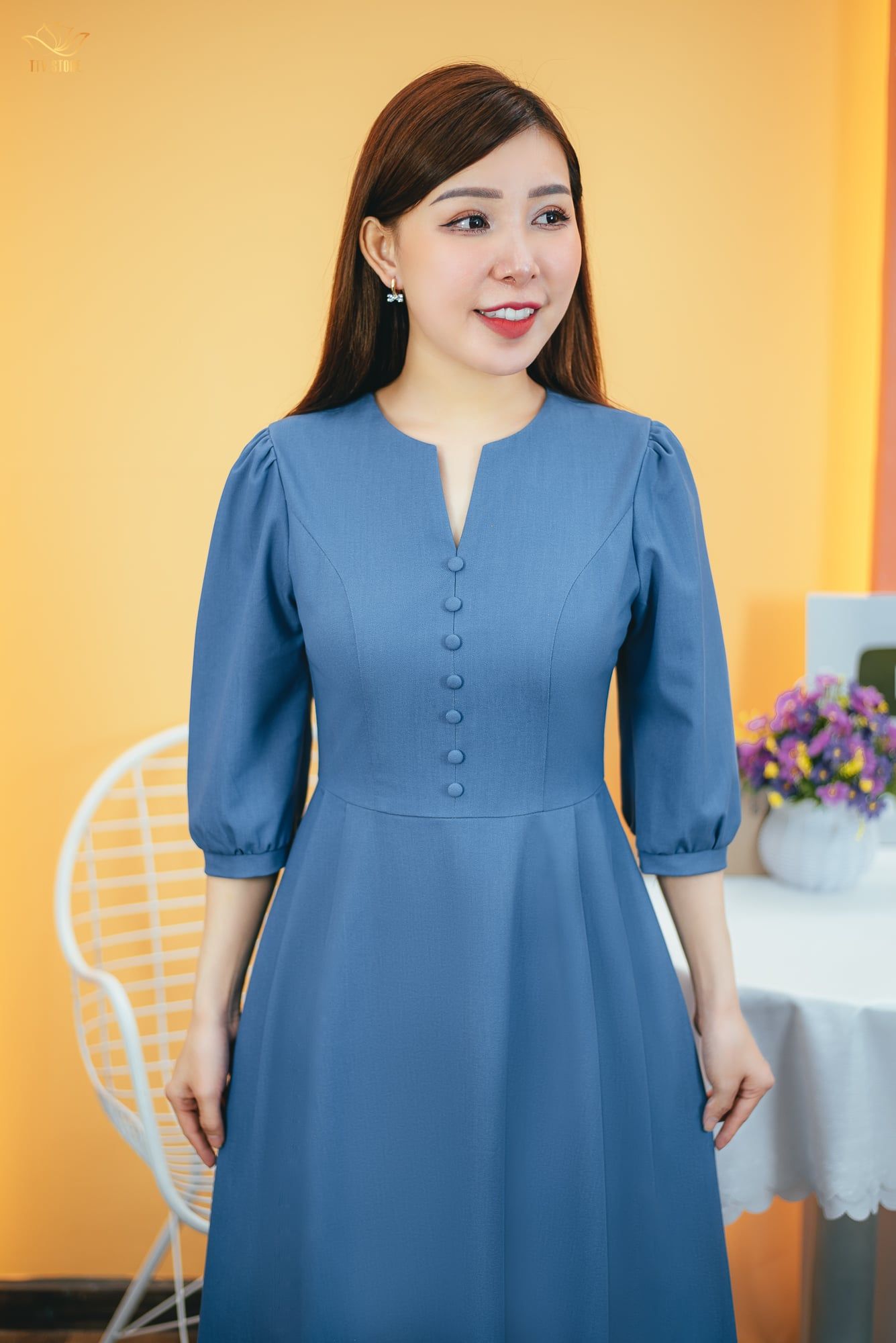 Đầm xòe - Cổ tròn khoét V kết nút tay lỡ - CT - Xanh ghi - TTV1554