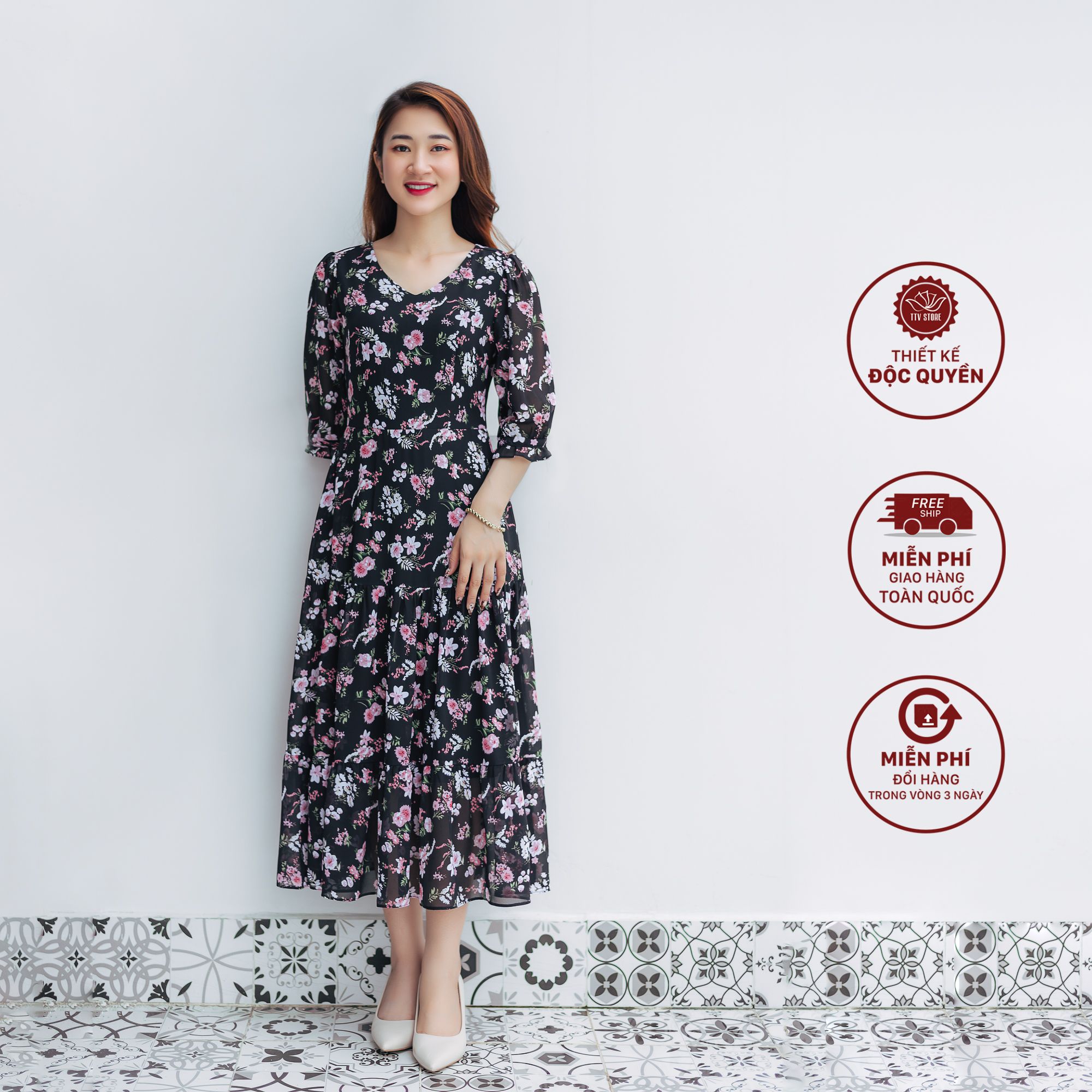 Maxi - Cổ tim tay lỡ - CD - Đen hoa hồng - TTV1062 *