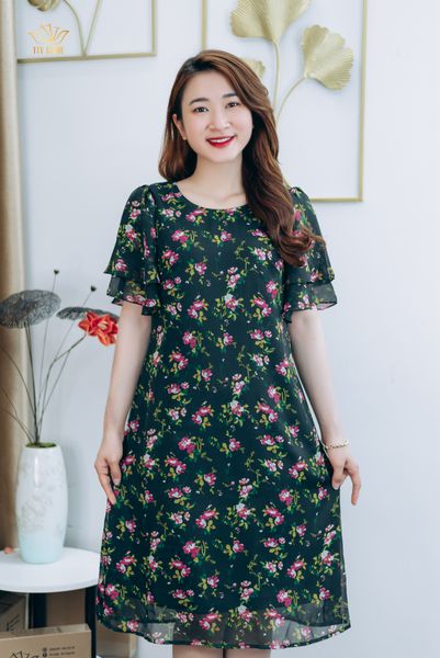 Đầm suông - Cổ tròn tay chuông 2 tầng - CT - Đen hoa hồng - TTV1287