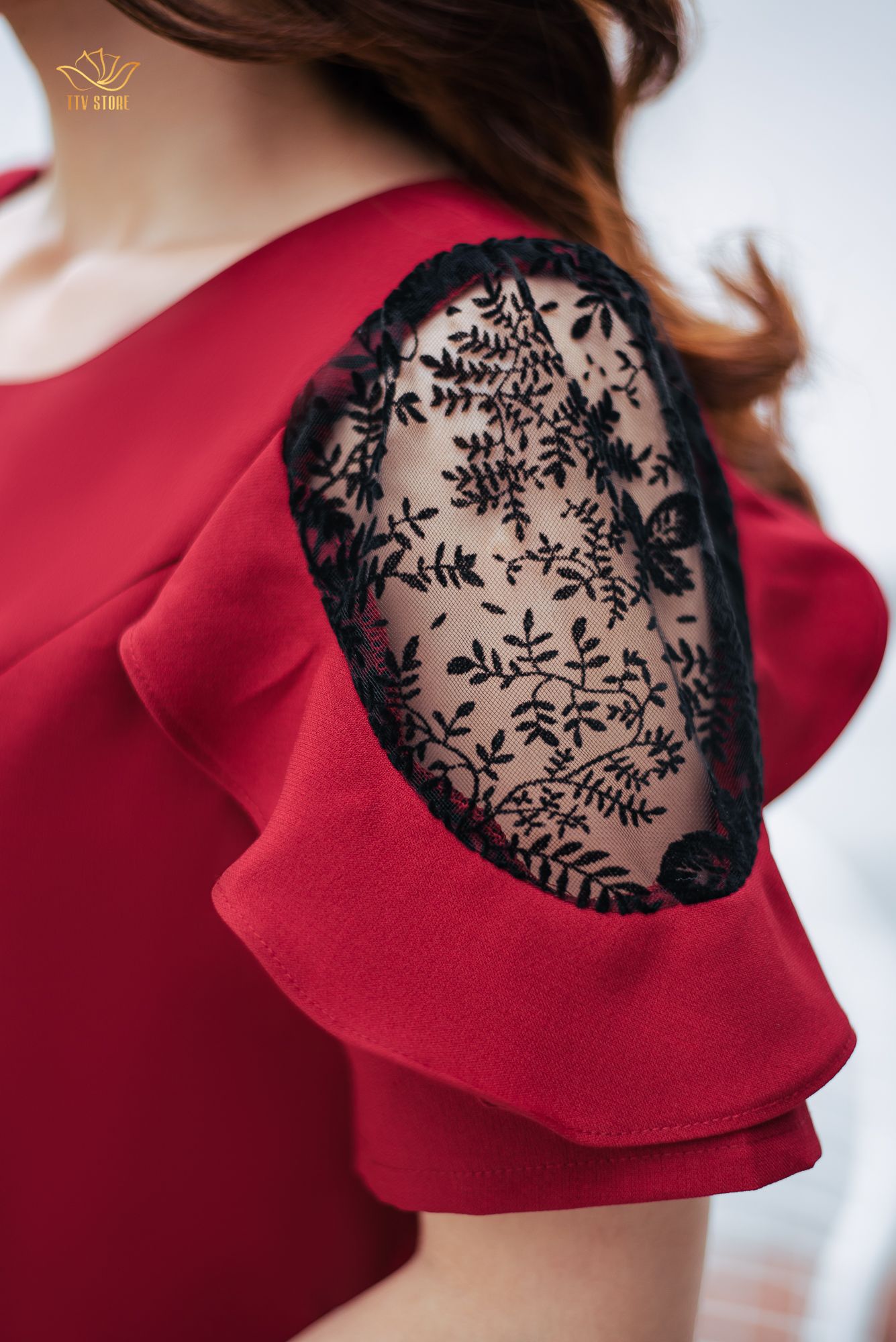 Đầm suông - Cổ tròn tay phối ren - CD - Đỏ đô - TTV865