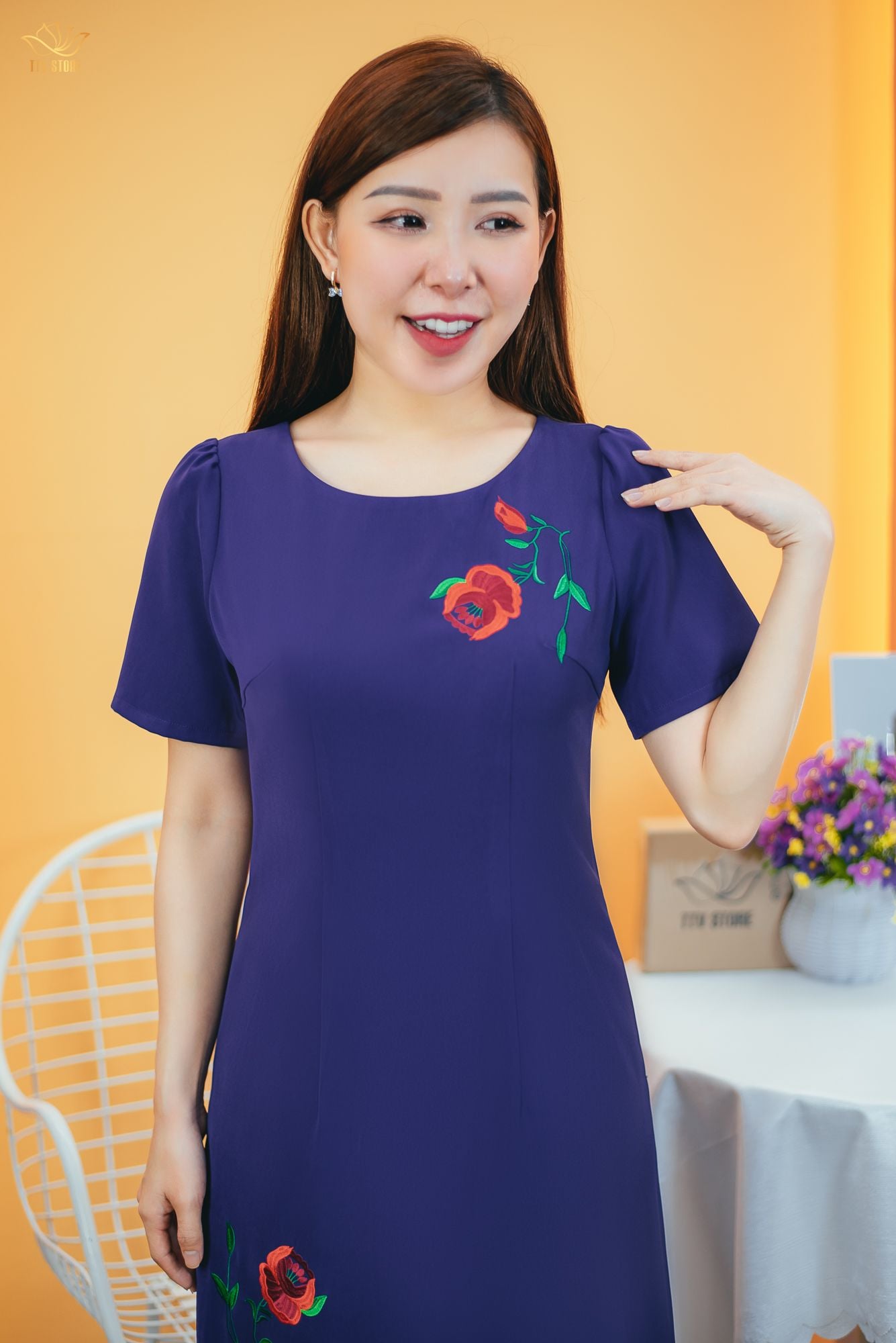 Đầm suông - Cổ tròn tay ngắn - CD - Tím huế - TTV1556