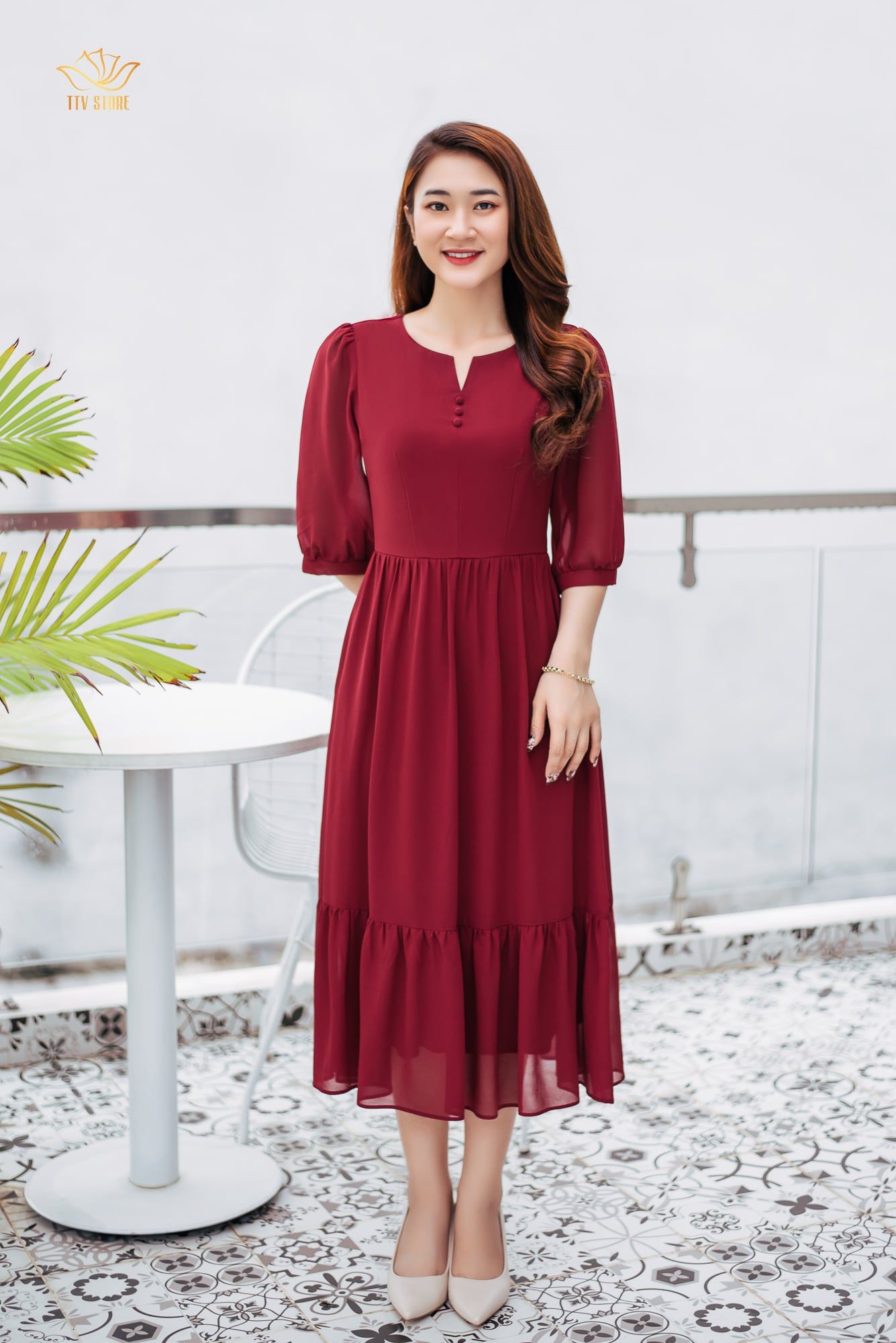 Maxi - Cổ tròn khoét V tay lỡ - CD - Đỏ đô - TTV1046