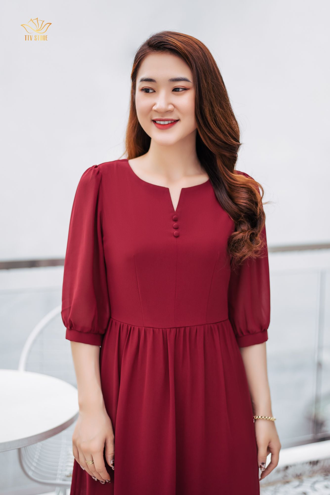 Maxi - Cổ tròn khoét V tay lỡ - CD - Đỏ đô - TTV1046