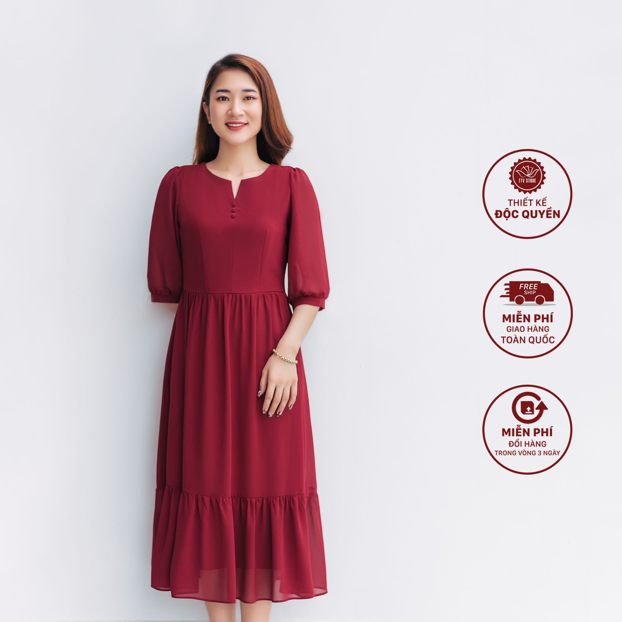 Maxi - Cổ tròn khoét V tay lỡ - CD - Đỏ đô - TTV1046