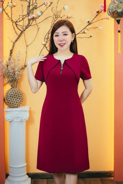 Đầm suông - Cổ tròn tay ngắn - CV - Đỏ đô - TTV1521