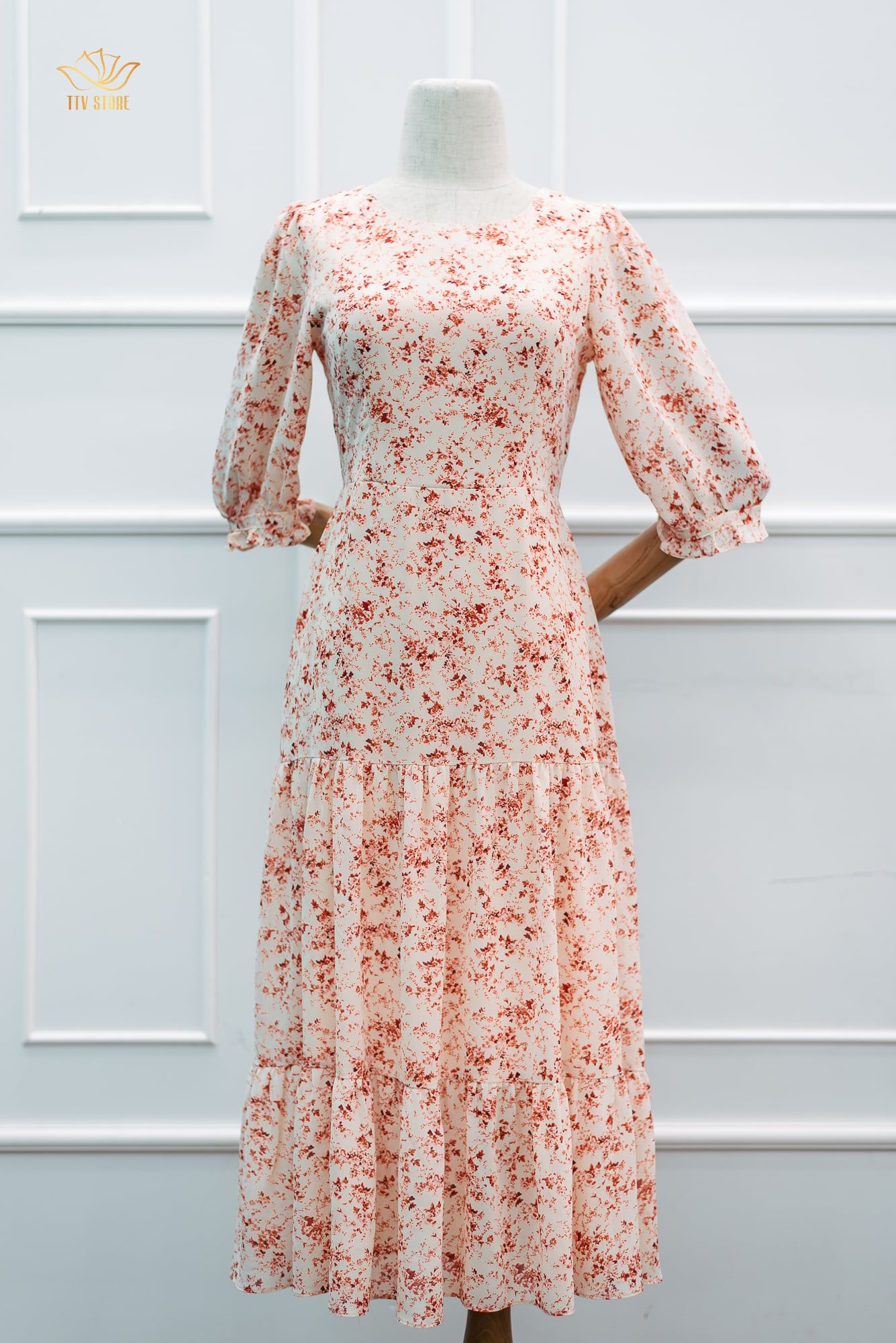 Maxi - Cổ tròn tay lỡ - Kem hoạ tiết - TTV1058 *