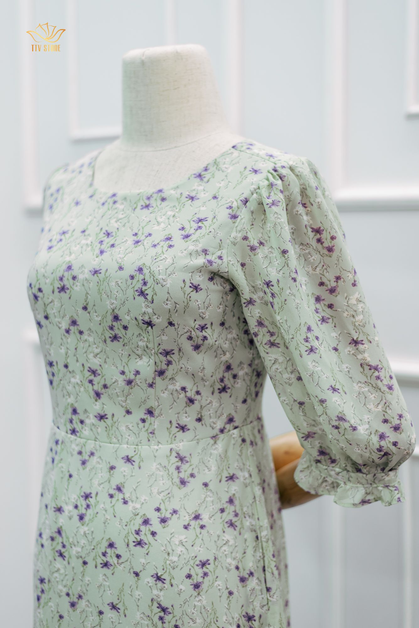 Maxi - Cổ tròn tay lỡ - CD - Xanh hoa tím - TTV1057 *