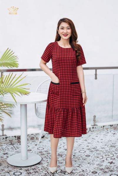 Đầm suông - Cổ tròn tay ngắn - CD - Caro đỏ - TTV1063