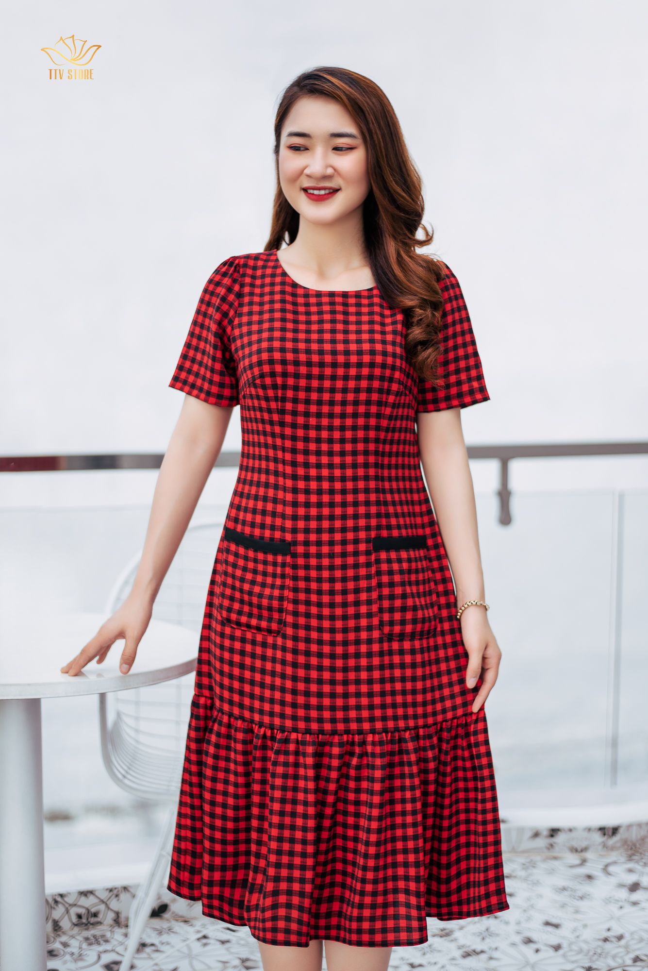 Đầm suông - Cổ tròn tay ngắn - CD - Caro đỏ - TTV1063