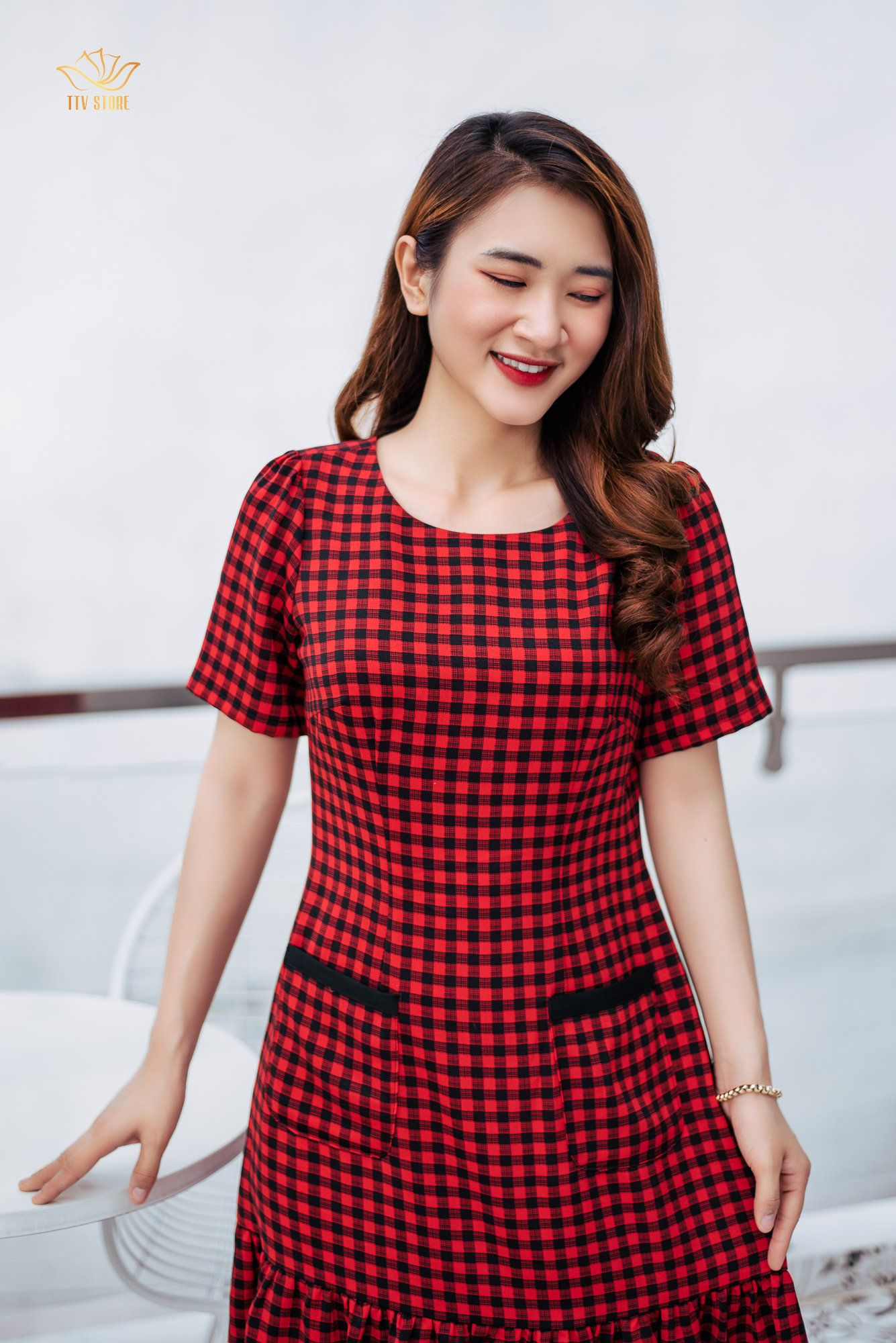 Đầm suông - Cổ tròn tay ngắn - CD - Caro đỏ - TTV1063