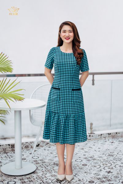 Đầm suông - Cổ tròn tay ngắn - CD - Caro xanh - TTV1063