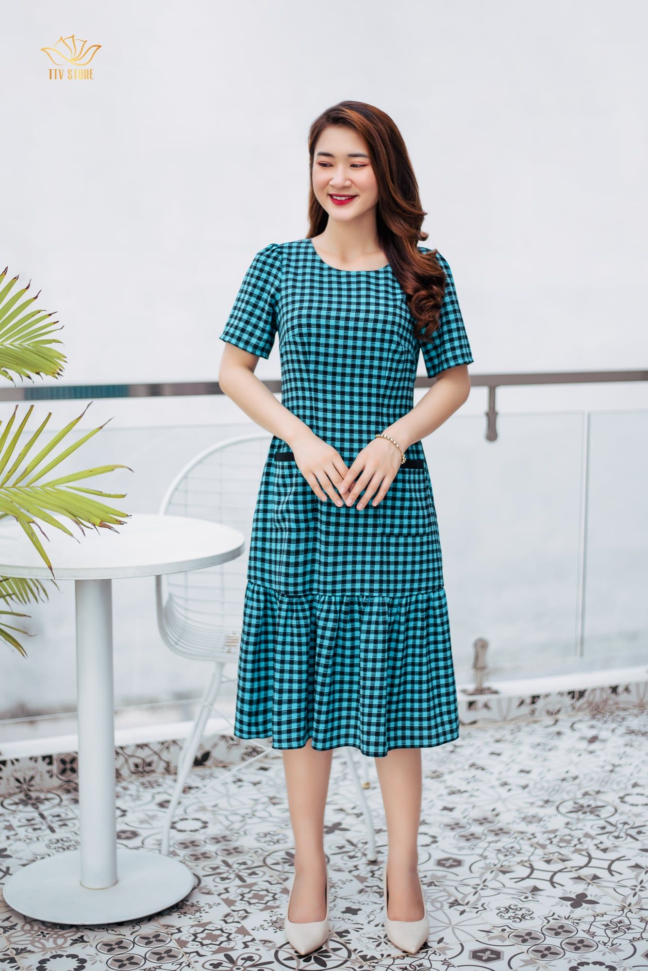 Đầm suông - Cổ tròn tay ngắn - CD - Caro xanh - TTV1063