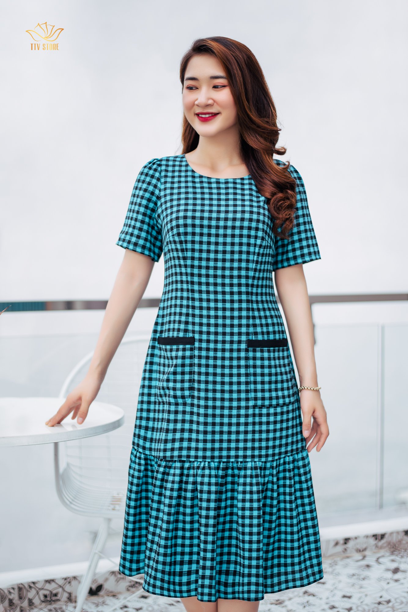 Đầm suông - Cổ tròn tay ngắn - CD - Caro xanh - TTV1063