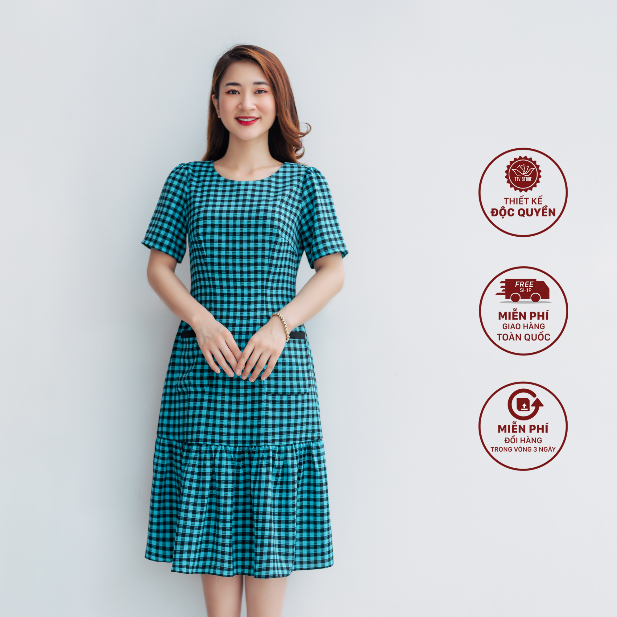 Đầm suông - Cổ tròn tay ngắn - CD - Caro xanh - TTV1063