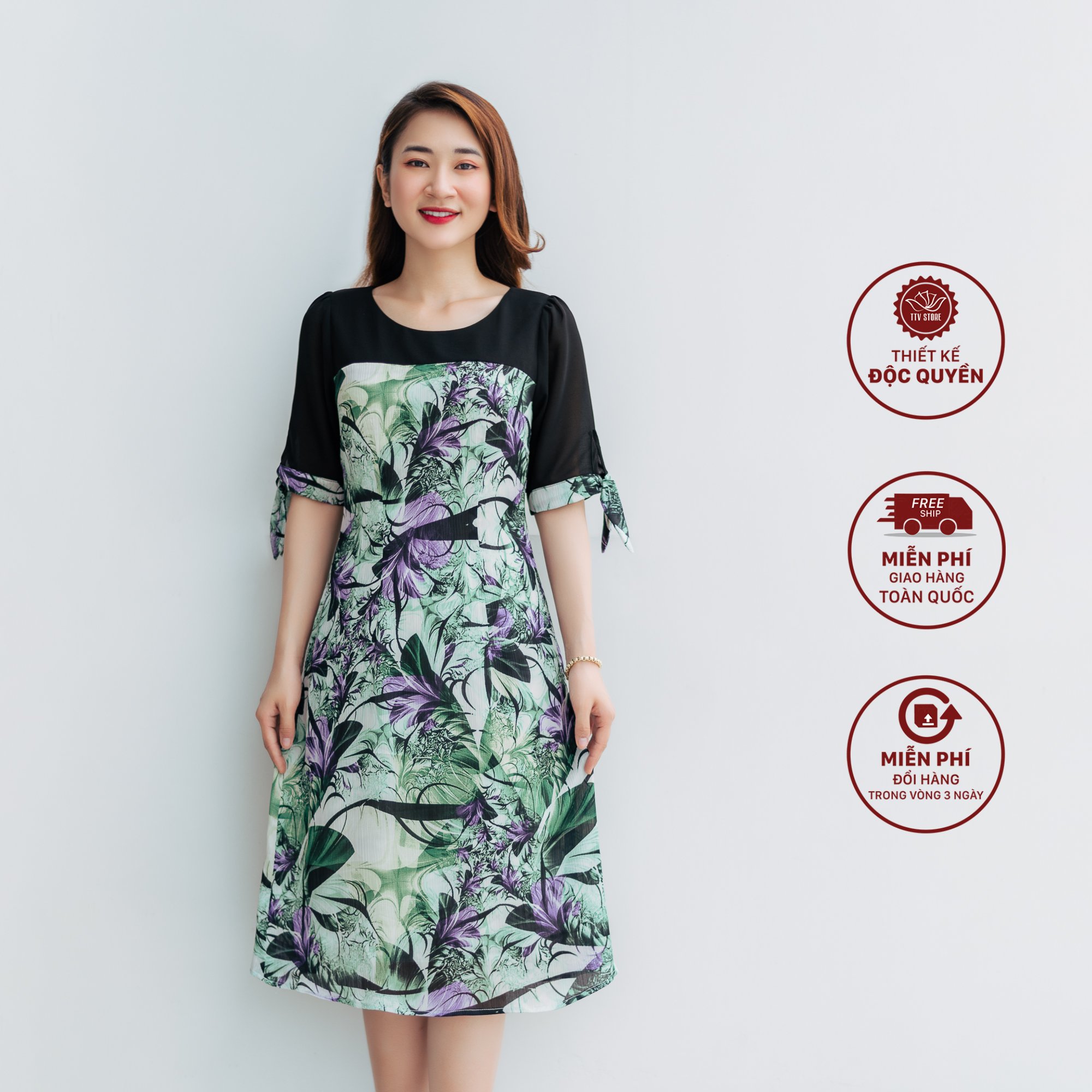 Đầm suông - Cổ tròn tay lỡ cột nơ - CV - Xanh hoạ tiết - TTV1059 *