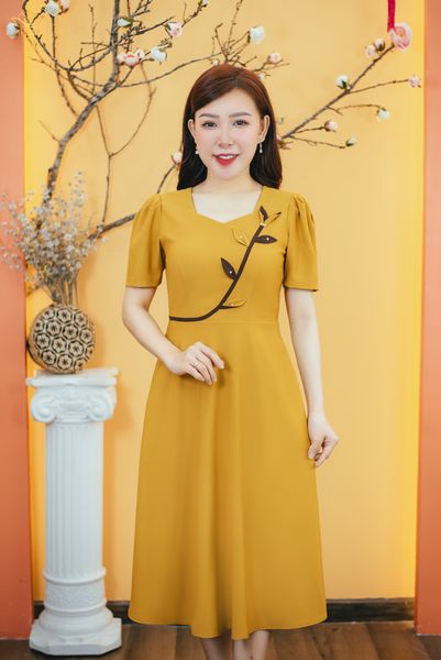 Đầm xòe - Cổ vuông tim kết hoa tay ngắn - CT - Vàng nghệ - TTV1587