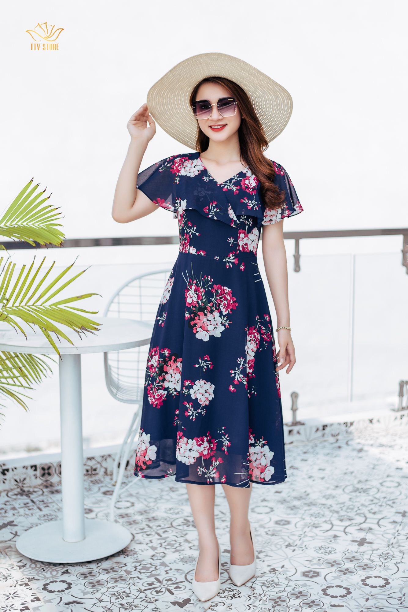 Đầm xoè - Cổ V phối bèo - CV - Xanh hoa - TTV1064 *