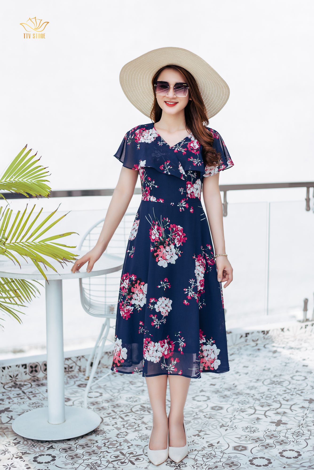 Đầm xoè - Cổ V phối bèo - CV - Xanh hoa - TTV1064 *