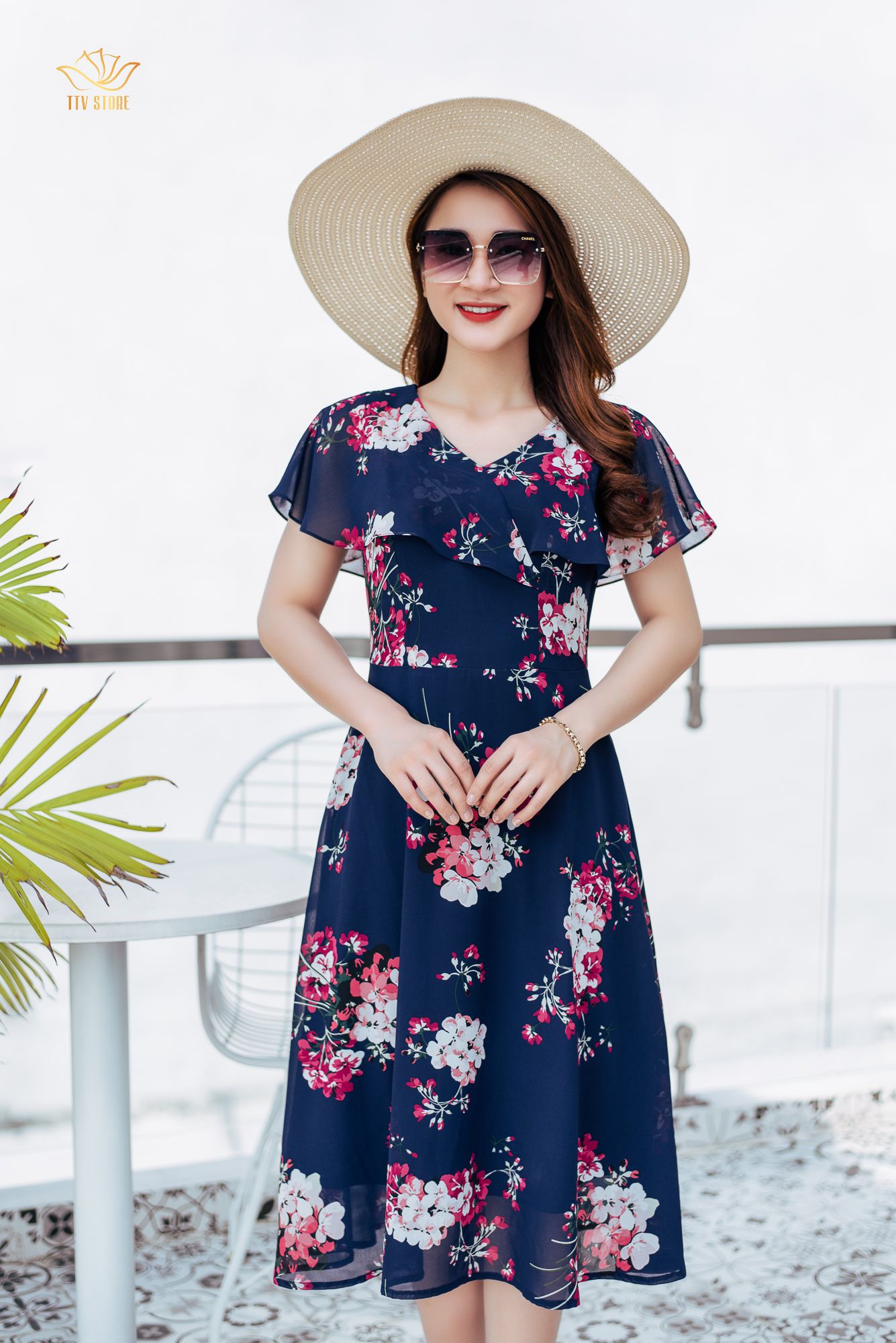 Đầm xoè - Cổ V phối bèo - CV - Xanh hoa - TTV1064 *