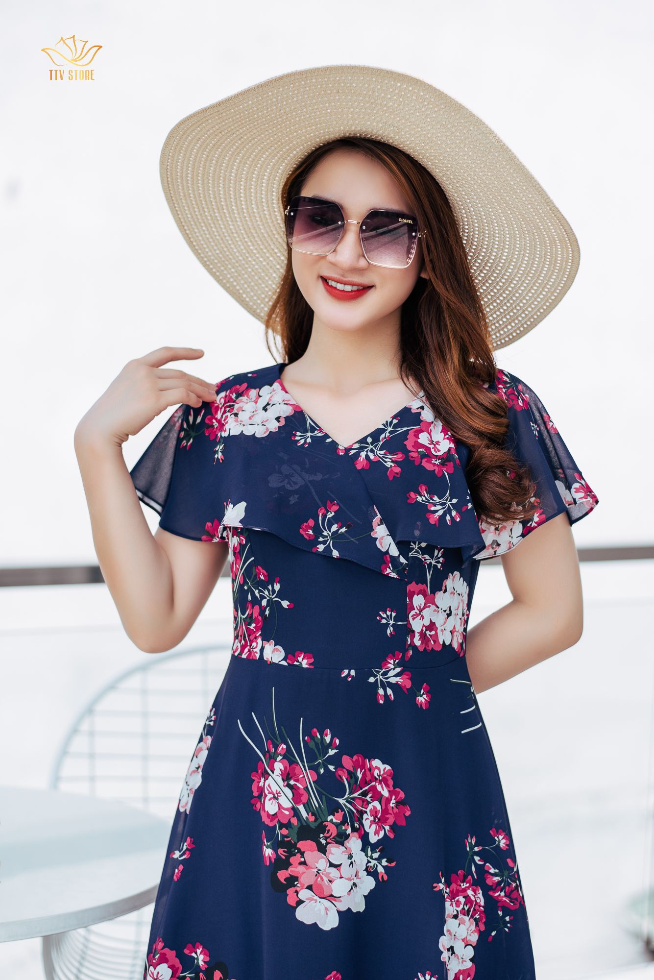 Đầm xoè - Cổ V phối bèo - CV - Xanh hoa - TTV1064 *