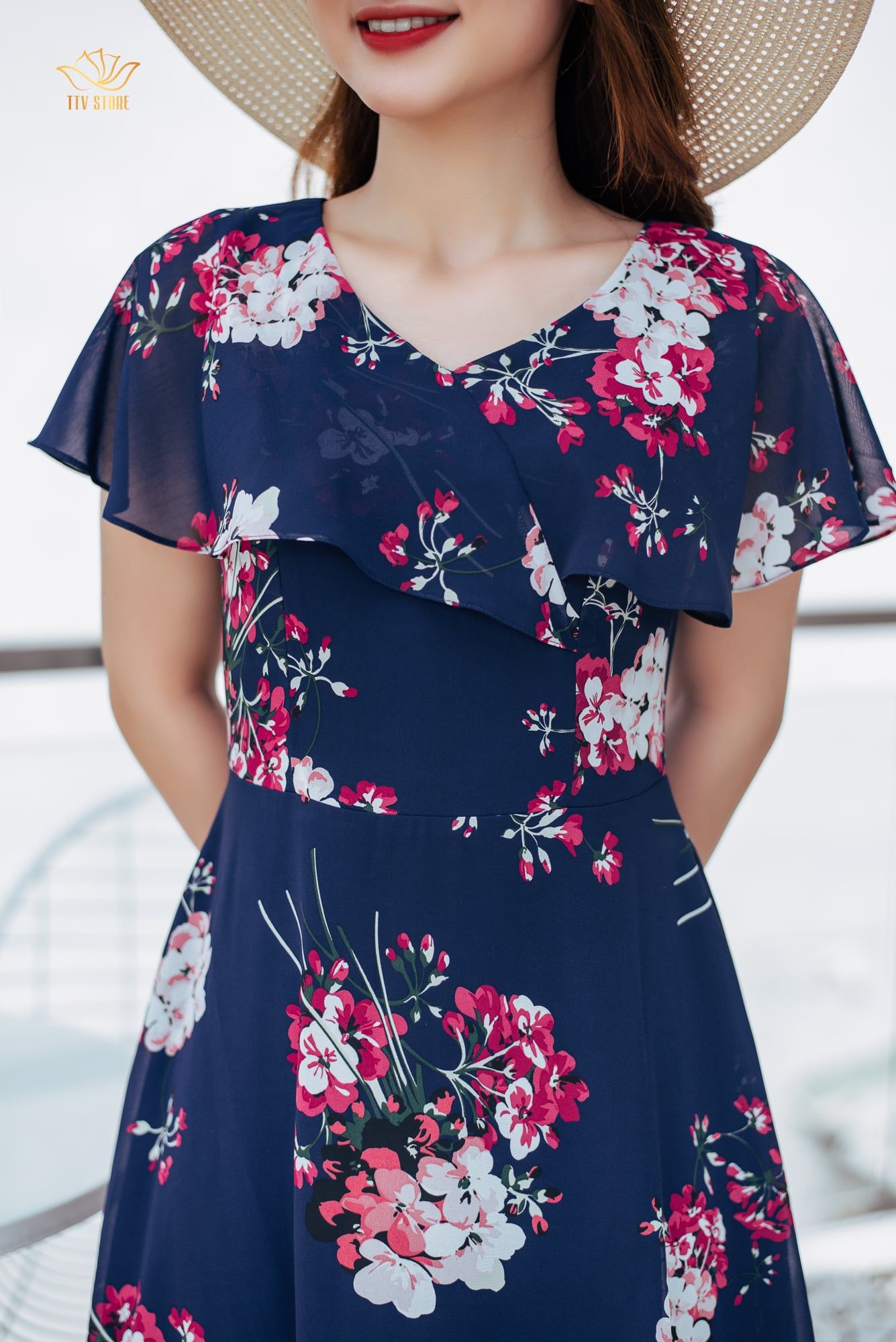 Đầm xoè - Cổ V phối bèo - CV - Xanh hoa - TTV1064 *