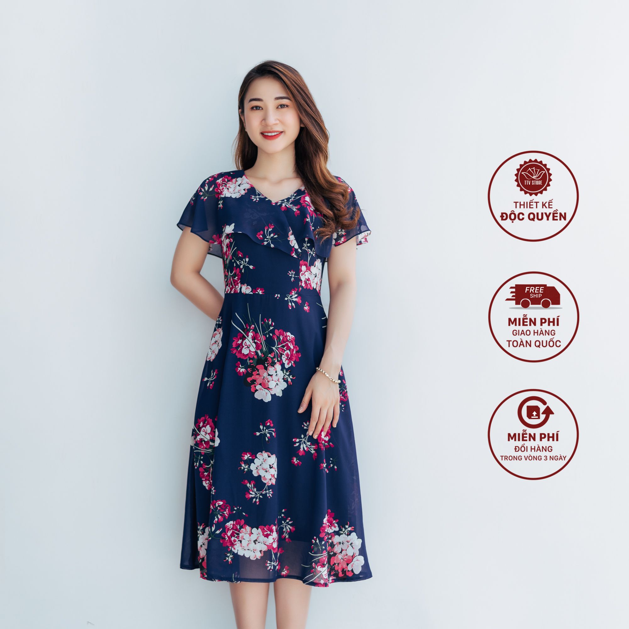 Đầm xoè - Cổ V phối bèo - CV - Xanh hoa - TTV1064 *