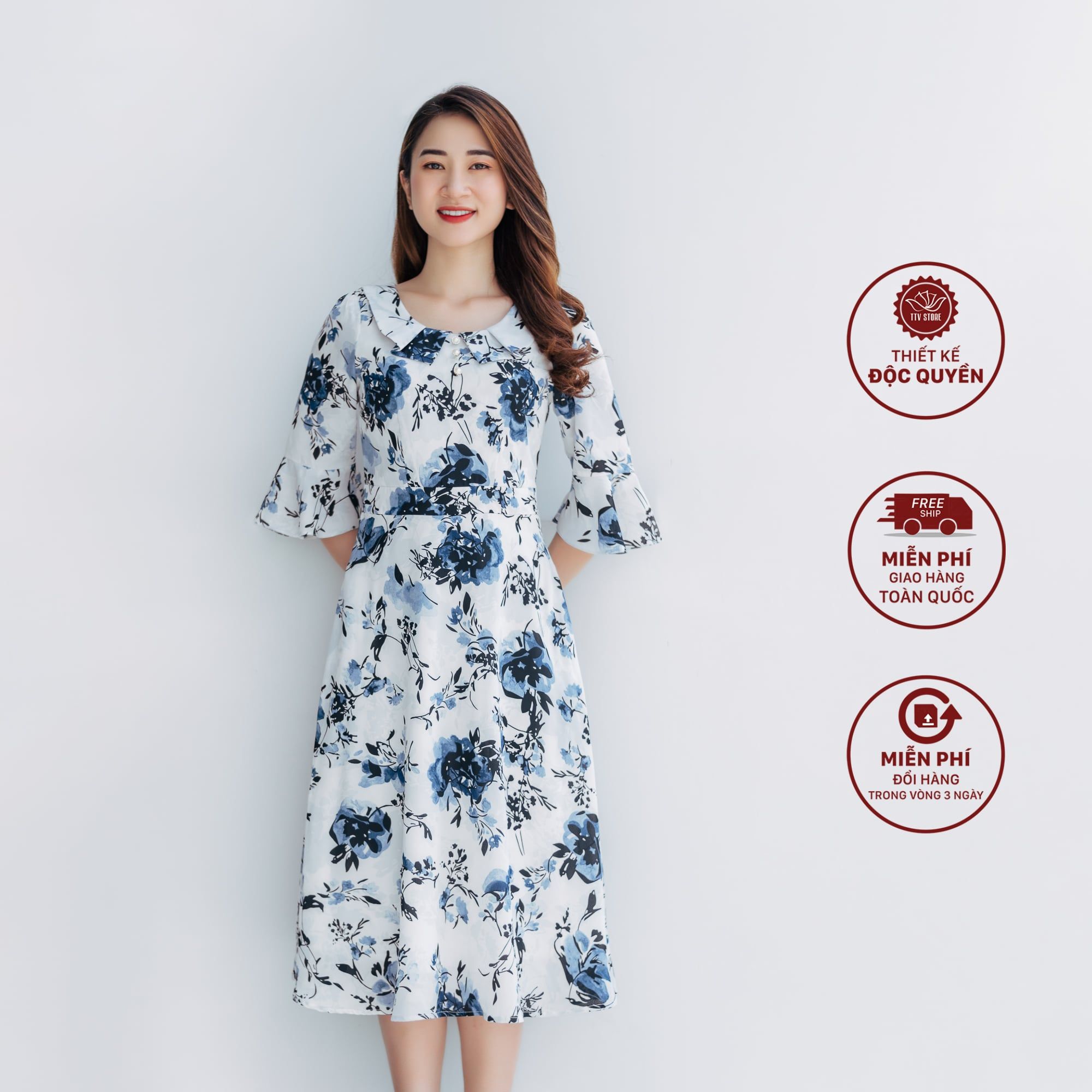 Đầm form A - Cổ lá sen kết nút - CV - Trắng hoa xang - TTV1068 *