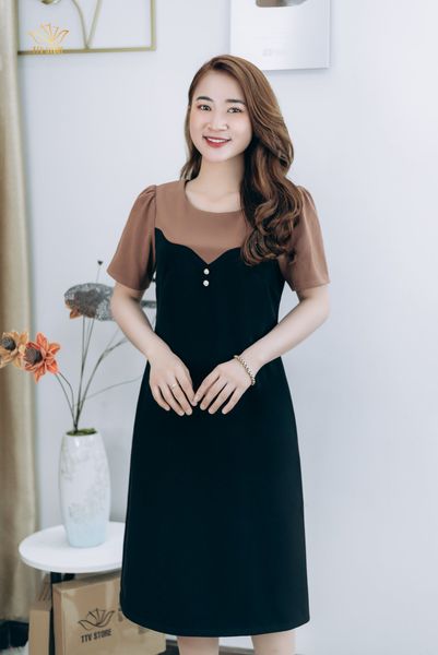 Đầm suông - Cổ tròn tay ngắn - CD - Đen phối nâu - TTV1307