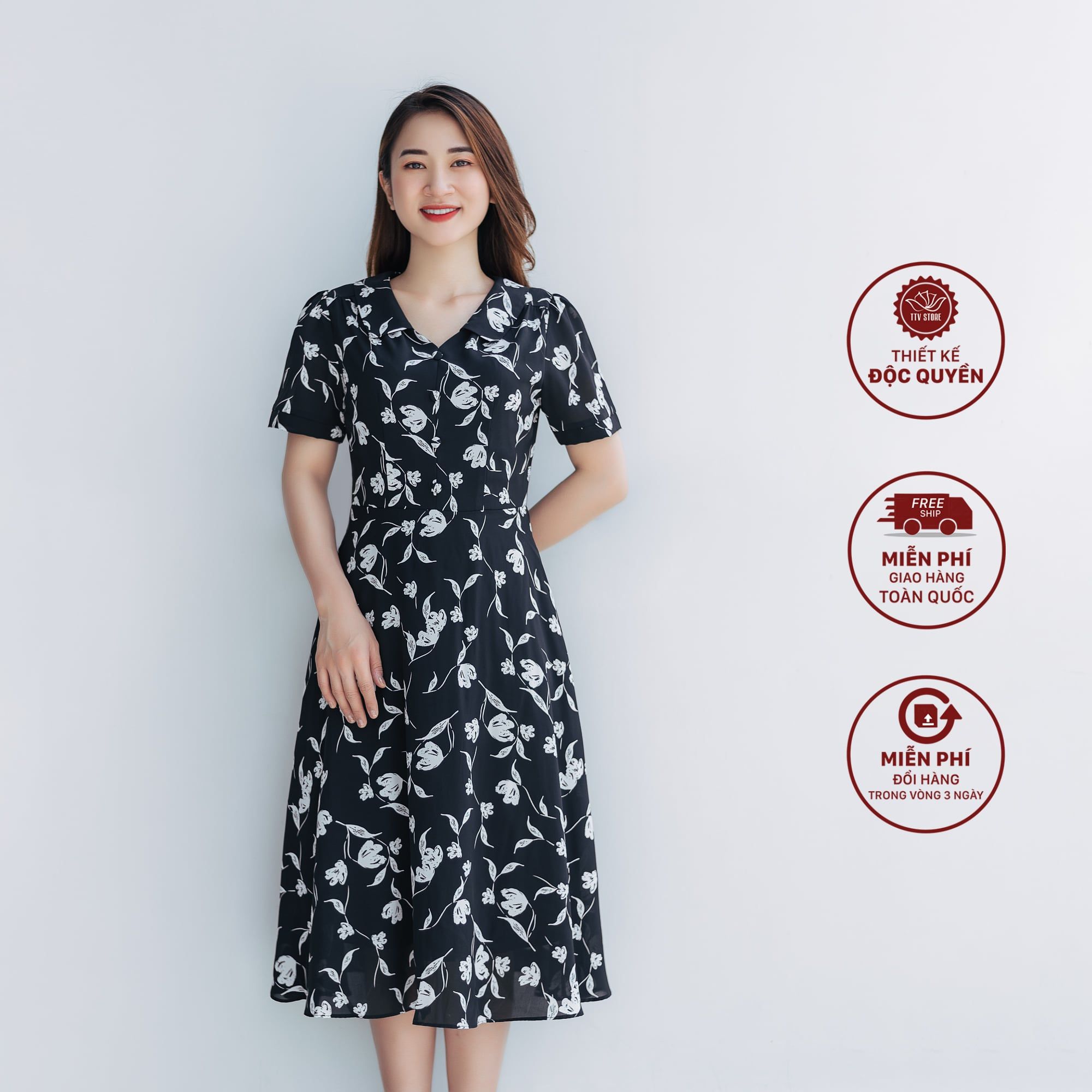 Đầm xoè - Cổ bẻ kết nủt tay ngắn - CD - Đen hoa trắng - TTV1074