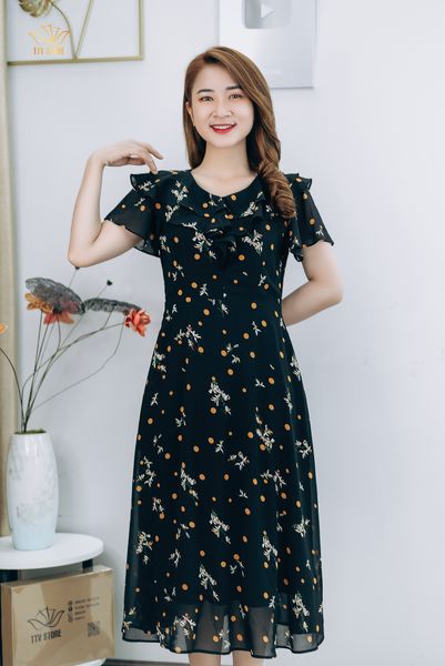 Đầm xòe - Cổ tim bèo tay ngắn - AH - Đen họa tiết - TTV1318