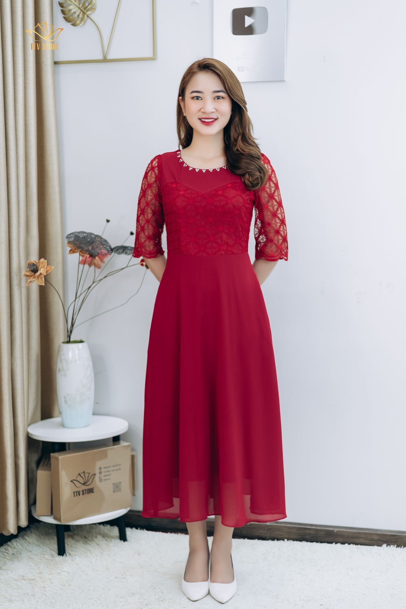 Đầm Dạ Hội - Cổ tròn đính đá tay lỡ - CT - Đỏ đô - TTV1322