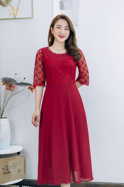 Đầm Dạ Hội - Cổ tròn đính đá tay lỡ - CT - Đỏ đô - TTV1322