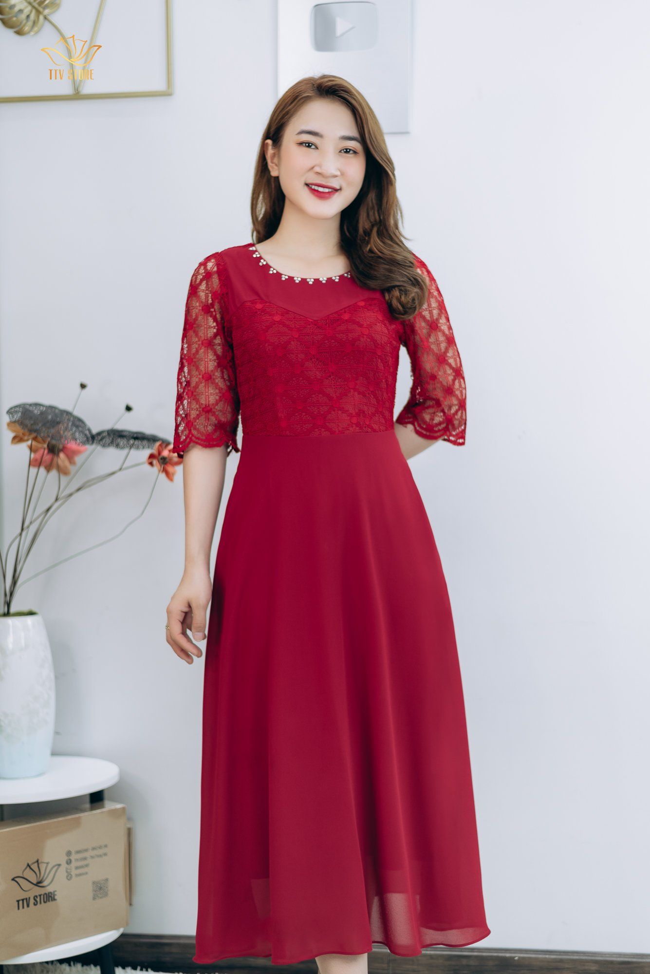 Đầm Dạ Hội - Cổ tròn đính đá tay lỡ - CT - Đỏ đô - TTV1322