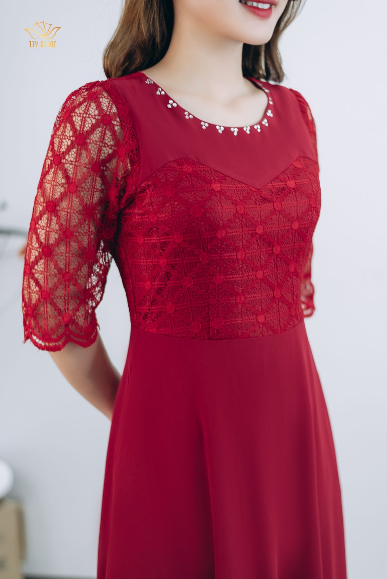 Đầm Dạ Hội - Cổ tròn đính đá tay lỡ - CT - Đỏ đô - TTV1322