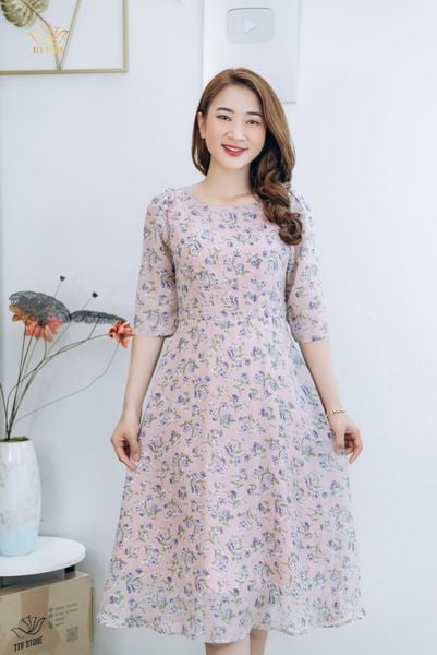 Đầm xòe - Cổ tròn kết ngọc tay lỡ - CV - Hồng hoa - TTV1316