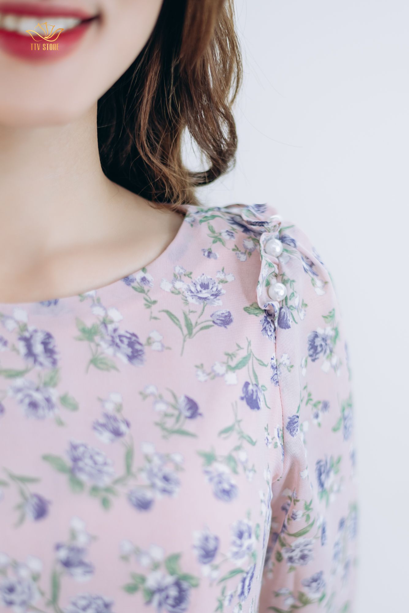 Đầm xòe - Cổ tròn kết ngọc tay lỡ - CV - Hồng hoa - TTV1316