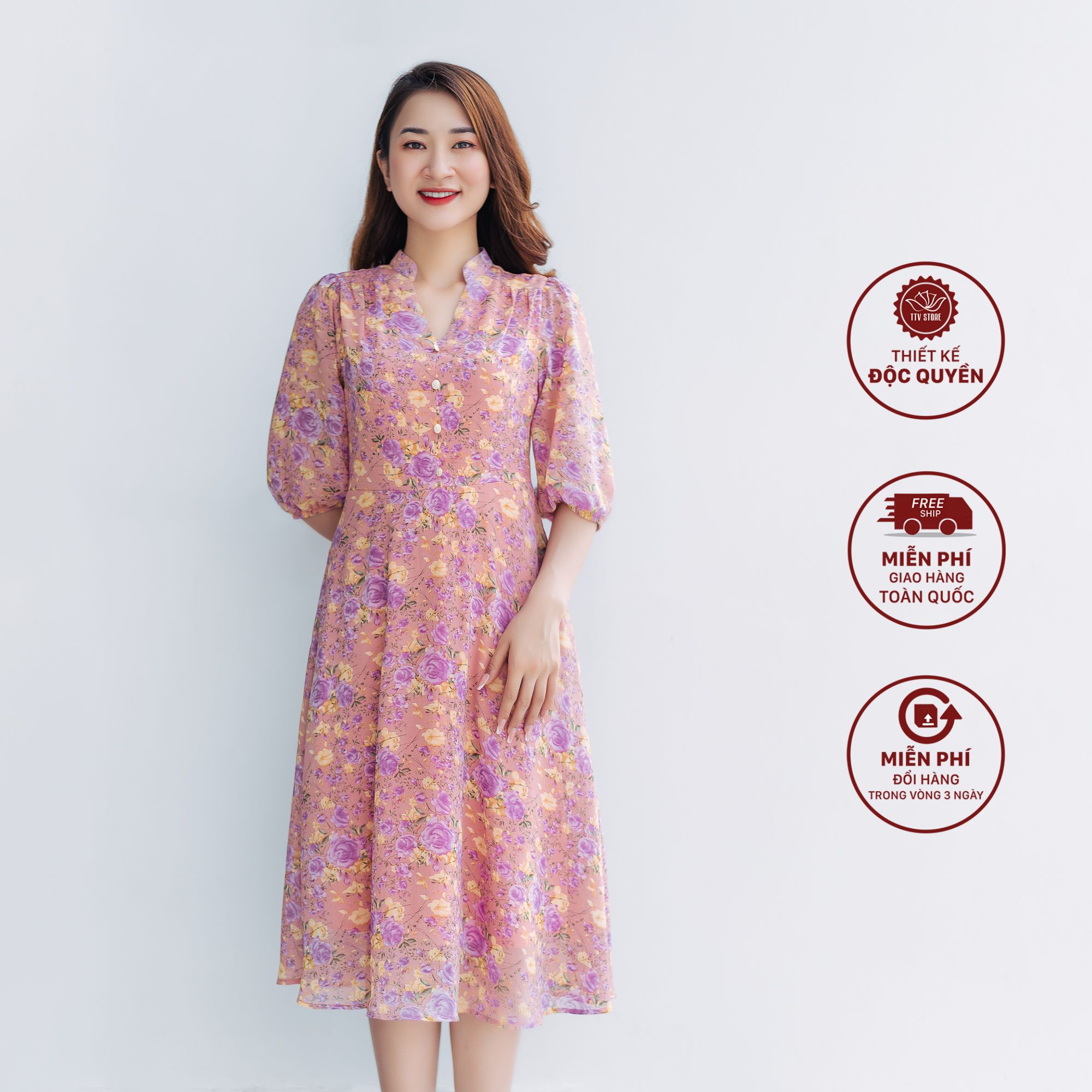 Đầm form A - Cổ trụ kết nút tay bo - CV - Hồng hoa tím - TTV1077