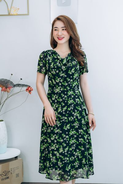 Đầm xòe - Cổ đổ tay ngắn - CV - Đen hoa xanh - TTV1323