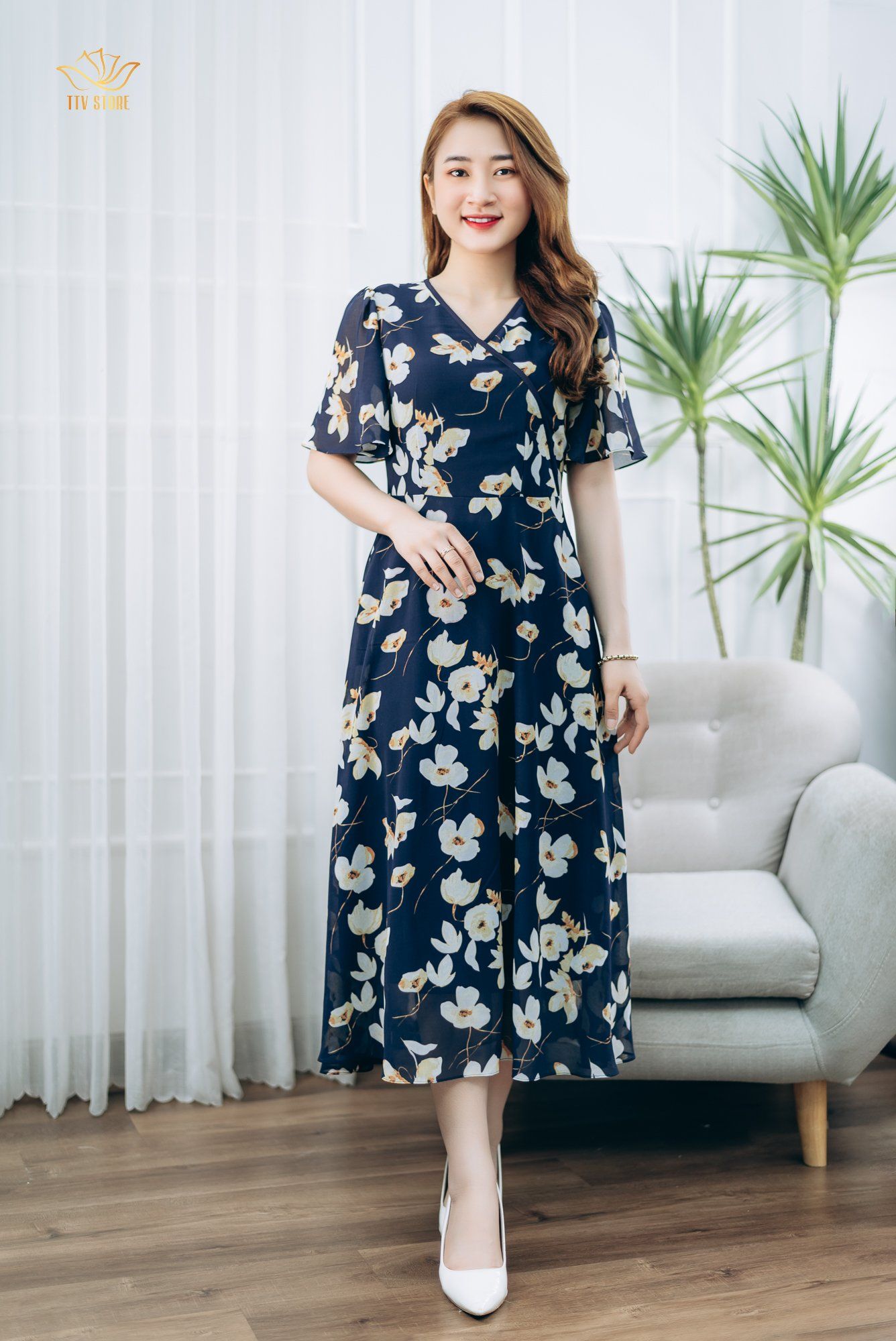 Đầm xòe - Cổ tim tay ngắn - CT - Xanh hoa - TTV1326