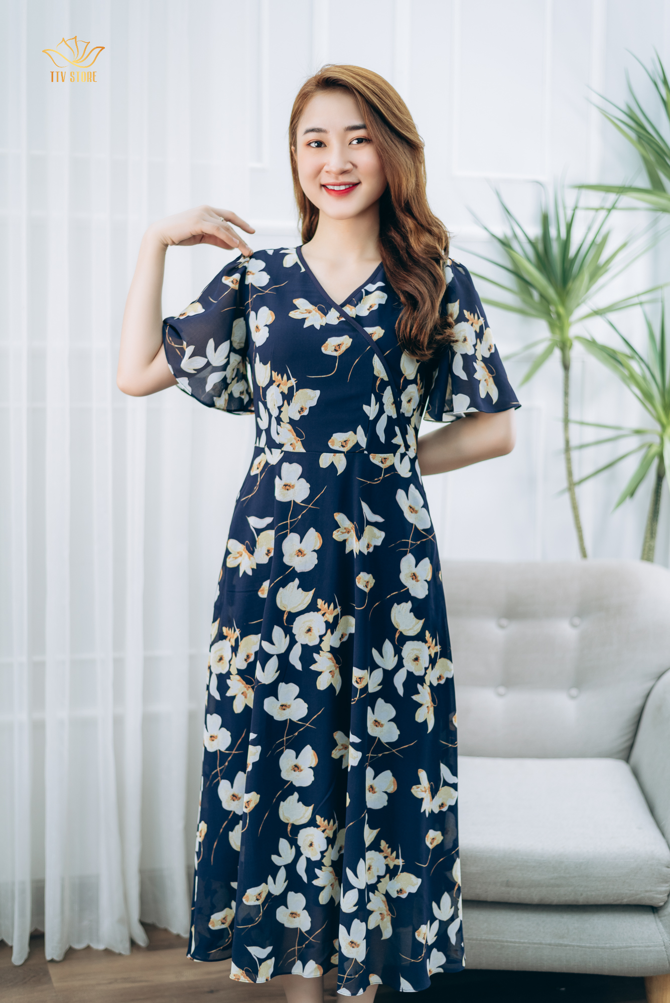 Đầm xòe - Cổ tim tay ngắn - CT - Xanh hoa - TTV1326